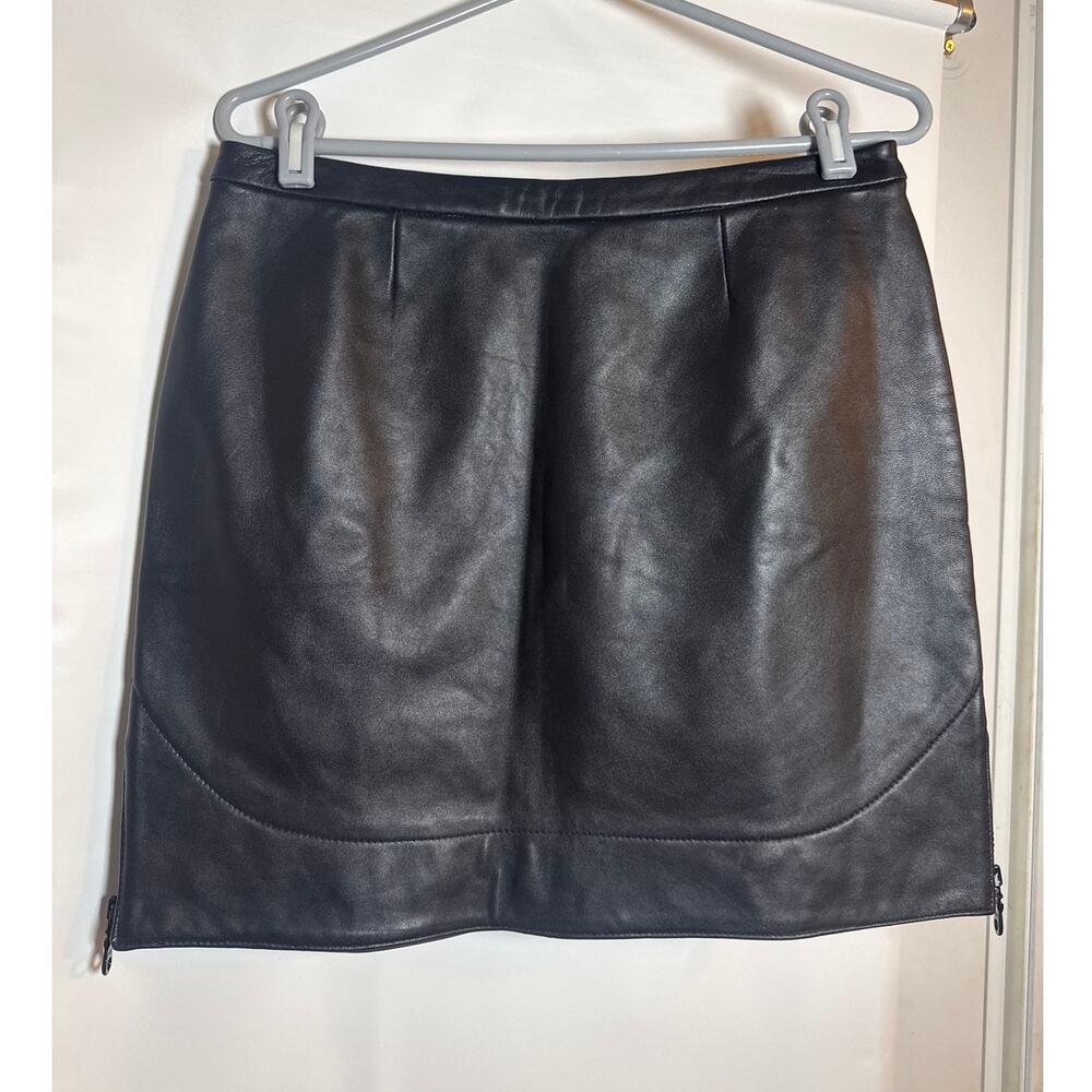 Y2K Black Leather Genuine Leather Mini Skirt Womens 10P Minimalist Vintage 90s